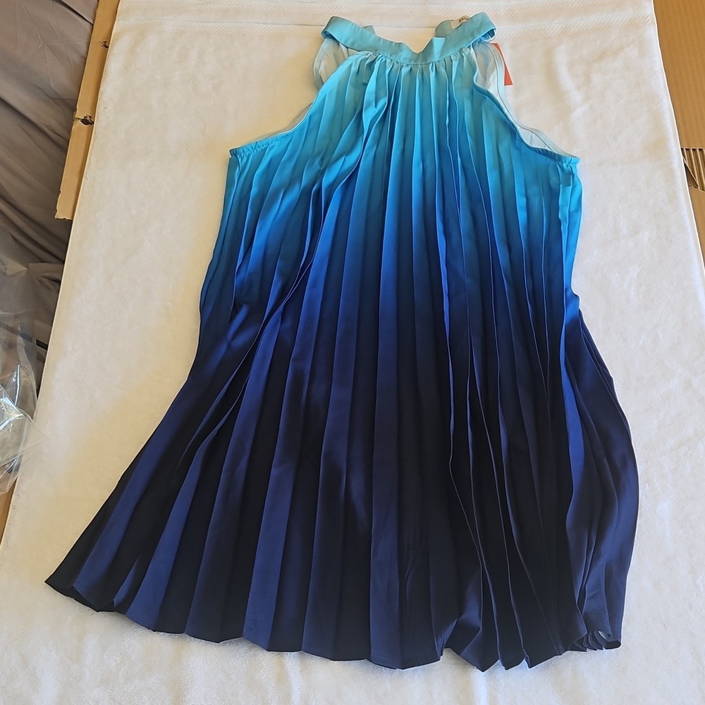 SXIDECGQI Blue Sleeveless Halter Knee Length Ombre Pleated A-Line Dress Button L